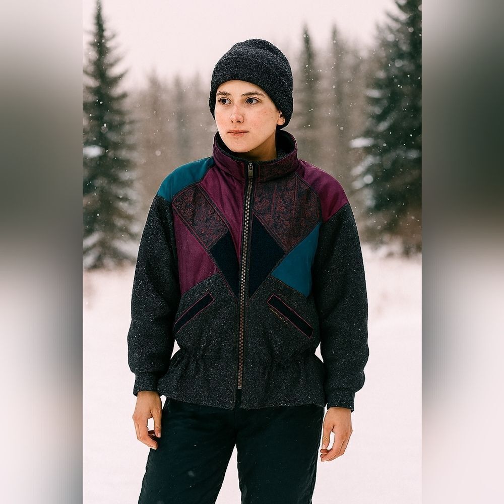 Vintage Karizma East Wool Mixed Fabric Patchwork Snow Ski Bomber Winter Jacket